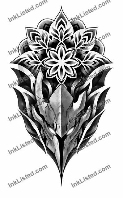Igris Geometry, tattoo stencil, ornamental, anime, black and grey, mandala, manga, oriental, by Solo Leveling Designs